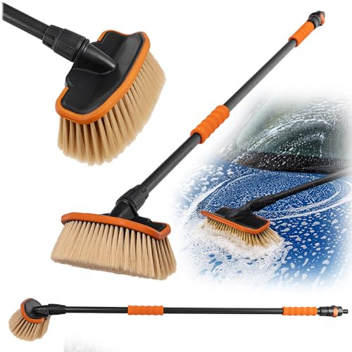 KADAX Cepillo para lavado de autos con conexión de agua, cepillo de limpieza con cerdas suaves, conexión de manguera y mango largo, cepillo de lavado para el cuidado de vehículos (110 cm)