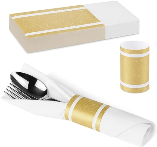 100 Pcs Napkin Bands - Paper Napkin Rings Self Adhesive,Silverware Wraps Bands for Wedding Party Event Dinner Table Setting(Gold)