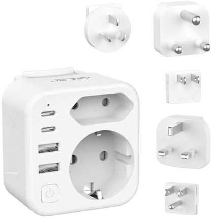 Adattatore di viaggio JSVER 6 in 1 con 2 porte USB-A e 2 porte USB-C per Stati Uniti, Germania, Messico, Australia, Sudafrica 180 + Paesi (Nero)