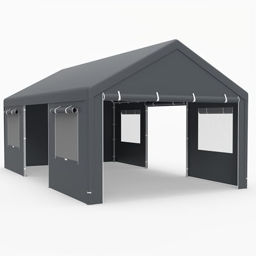 GYMAX Cobertizo Portátil para Coche 3 x 5,8/3,6 x 6 m Garaje Exterior con Ventanas Enrollables, Paredes Laterales y Puertas Desmontables, Lona de PE Impermeable, SUV y Moto (3.6 x 6 m,Gris)