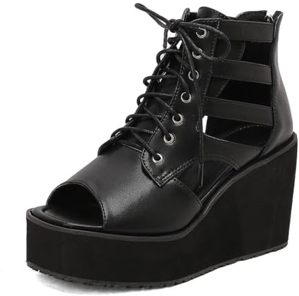 Générique Bottines Plateforme à Lacets Femme Talon Compensé 9.5cm Chaussures Été Soirée Fête Clubbing Sandales Compensées Bout Ouvert