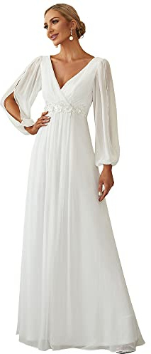 Ever-Pretty Vestido de Fiesta Largo para Mujer Alto Bajo Escote Redondo Manga Corta A-línea Gasa Blanco 48