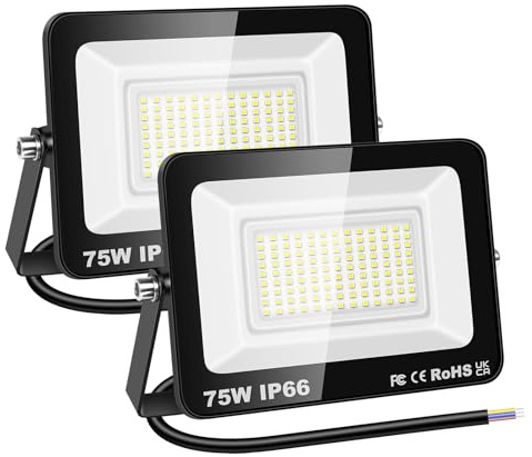 RIGIDON 2x 75W Luci da Esterno, 7500 Lumens Faretto Led, Fari di Sicurezza, Proiettore Led Esterno, Faretti LED Lampada Luce Bianca Freddo 6000K, IP66 Per Giardino Cortile Garage Piazza Officina
