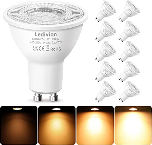 Ledivion GU10 LED Bulbs Warm White Dimmable, 4.7W LED Spotlight Bulb, 3000K, 50W Halogen Equivalent, 220-240V 345 Lumen 38° Beam Angle, Pack of 10