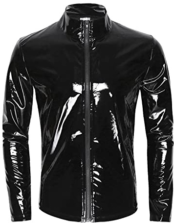 Haut à manches longues pour homme aspect cuir latex - T-shirt de corps pour homme - En cuir verni - Chemise de fête - Costume de club - Tenue de musculation - Latex brillant - Avec fermeture éclair