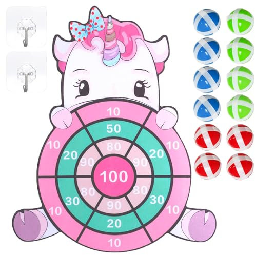 Einhorn Klett Dartscheibe 72cm Kinder Doppelseitige Klettballspiel mit 12 klebrigen Bällen und 2 Haken Drinnen und Draußen Dart Wurfspiel Set Geschenke für Kinder 4-11 Jahre
