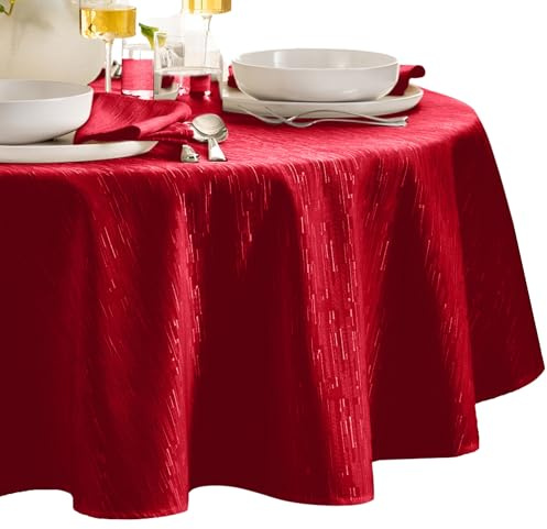Elrene Home Fashions Continental Solid Texture Water and Stain Resistant Slub-Weave Textured Tablecloth, 90 Round, Red