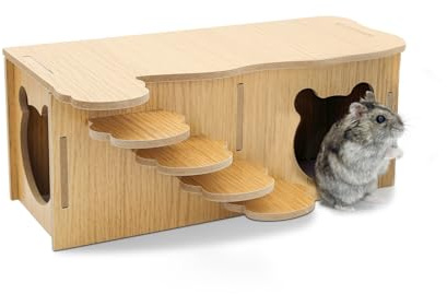 LuckyOpt Wooden Hamster Hideout, Luxury Small Animal Hamster House with 2 Rooms and Funny Climbing Ladder Hamster Exercise Toys for Dwarf Hamster, Rat, Gerbil, Mouse (Bear)