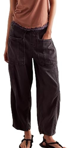 MASUCOR Barrel Jeans Dam Y2k Medelhög Vintage Lösa Breda Ben Pojkvän Baggy Byxor med Fickor Pull-on Jeans Elastisk Midja med Dragsko Ankel Jeans