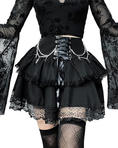 DINGJIUYAN Minigonna a 2 strati con catene Gotico Y2k Ruffle Gonne A Pieghe Steampunk Orlo In Pizzo Frontale Benda Gonna Corta, Nero , XXL