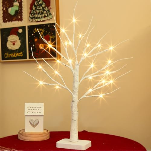 DELICHTER Albero luminoso con 24 LED bianco caldo, betulla alberello con funzione timer, funzionamento a batteria, decorazione natalizia per casa, feste, Natale, Pasqua, matrimonio, 55 cm