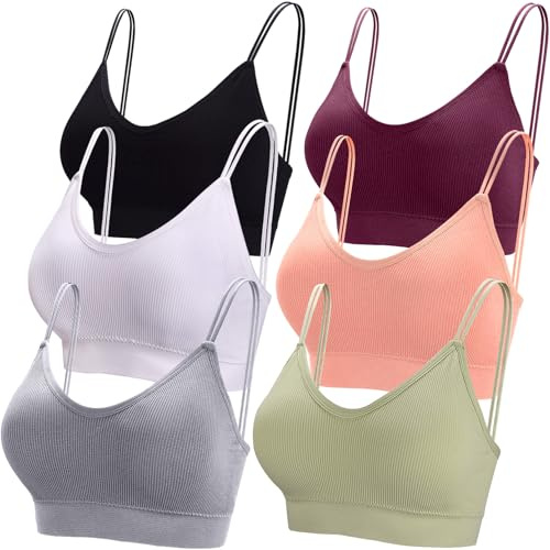 BQTQ 6 Pieces Padded Bralettes for Women V Neck Cami Bralette Bras with Elastic Straps Seamless Sleeping Bralettes Pack, XL
