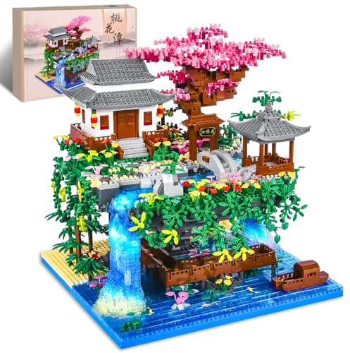 Charmofun 3320PCS Micro Bausteine, Klemmbausteine Haus mit LED, Botanical Garten-Set für Erwachsene mit Pfirsichblüten, Architecture Creative Geschenk Weihnachten für Frauen und Männer