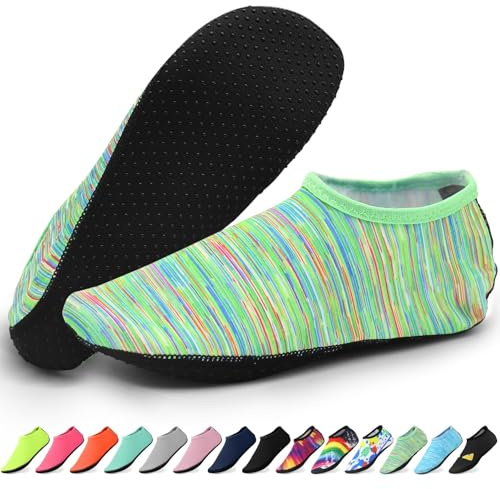 KATKLIU Water Socks – Non-Slip Diving Sock with Grippy Sole – Lightweight Quick Dry Swimming Socks for Men Women – Beach & Surfing Gear for Pool, Yoga, Indoor & Outdoor Sport-Green Lines-34-35