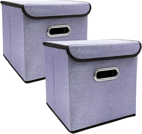 DLZFUDTY Faltbox,Faltboxen 2 Stück zusammenklappbare Aufbewahrungskörbe mit Deckel, 25 x 25 cm, Leinenstoff, Aufbewahrungskörbe, waschbar, dekorative Aufbewahrungsbox(Purple)