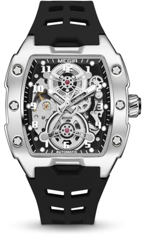 MEGIR Automatische mechanische Herrenuhr, Silikonband, 43 x 50 mm Gehäuse aus Legierung, 3 ATM wasserdicht, Leuchtzeiger, Schwarz