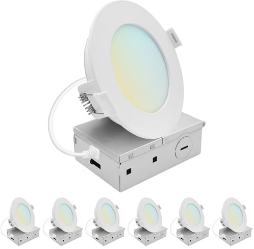 LUXRITE 4 Inch LED Recessed Light, ECO Backlit Mini Panel Spotlight, 5CCT 2700K-5000K, 1000 Lumens, High Output, 11 Watts, Dimmable, IC Rated, Wet Rated, ETL Listed, Energy Star, Round (6 Pack)