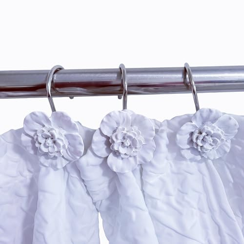 Twofishes White Flower Shower Curtain Hooks Set of 12 Home Fashion Decorative Rust Proof White Flower Shower Curtain Rings Pack of 12