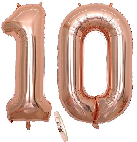 2 Globos Número 10 Años, Number 10 Globo Chica de oro rosa, 40Figuras de globos con globo de lámina de helio inflable, Globo gigante para la decoración de la fiesta de cumpleaños, Prom (xxxl 100cm)