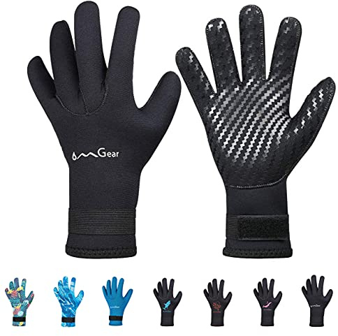 OMGear Neoprene Gloves Diving Wetsuit Gloves 3mm 5mm Glued Anti-Slip Flexible Thermal with Adjustable Waist Strap for Snorkeling Scuba Diving Surfing Kayaking Rafting Spearfishing Sailing (Black, L)