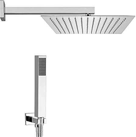 Inbagno Sistema Doccia con soffione Quadrato Ultrasottile, Completo di doccetta, Presa d’Acqua con Supporto e Flessibile