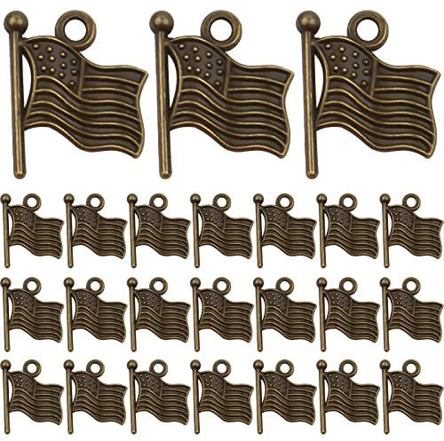 BronaGrand 60pcs American Flag Pendants Charms Alloy Flag Shape Dangle Pendants Craft Supplies for DIY Bracelet Jewelry Making Handmade Decoration, Antique Bronze