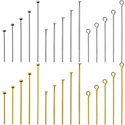 TOAOB 750pcs Aiguilles Tiges Clous a Tete Ronde et Plate en Acier Inoxydable Épingle à Oeil Argent Or Longueur 20mm 25mm 30mm 40mm 50mm Diamètre 0.7 mm pour Accessoire Fabrication de Bijoux Artisanat