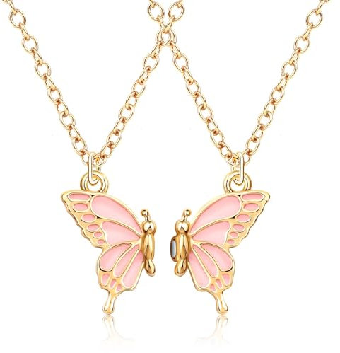 MJARTORIA Freundschaftsketten für 2 Damen Mädchen BFF Halskette Schmetterling Schmuck Anhänger Beste Freundin Kette Puzzle Best Friends Gravur Kinder (Gold Rosa)