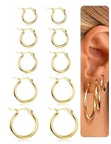 Adramata 5 Pares Acero Inoxidable Pendientes Aro Mujer Hombre Diámetro 10/12/15/20/25mm Conjunto de Aros Pendientes Oro Mujer Hombre