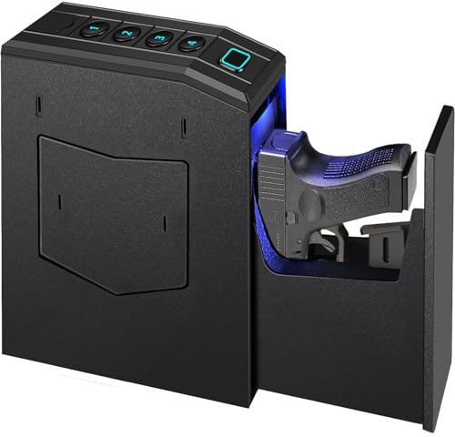 Hidden Gun Safe for Pistols, Biometric Fingerprint Smart Slider Handgun Safe for Nightstand, Desk, Bedside, Wall,Truck -Auto Sliding Door- Fingerprint, PIN Code, KEY Access (Black-Biometric)