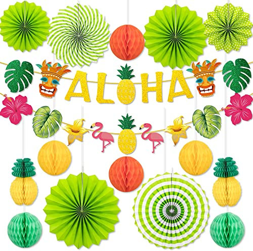 AFYHH Hawaiian Tropical Party Honeycomb Decorations - Aloha Bunting Banners Paper Fans Lanterns Summer Holiday Beach Garden Birthday Party Decorations