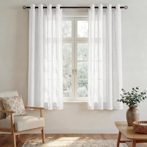 Pony Dance Gardin med linneutseende, korta gardiner med öljetter i set om 2 stycken, 145 x 140 cm (H x B), vita, halvtransparent, för kök/vardagsrum, för små fönster, vit | För sovrum, halvgenomskinliga, för små fönster, med ringar, andas, dekorativa, 2 stycken L 140 x H 145 cm