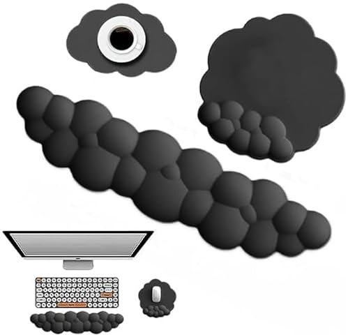 Delmkin Wolken Mauspad mit Handgelenkauflage Set Ergonomisch Mousepad Handgelenkstütze Tastatur Handballenauflage mit Untersetzer für Gaming Büro (Black)