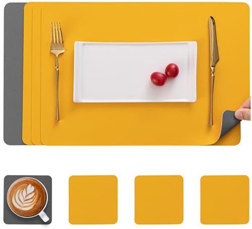 Myir JUN Leather Table Mats and Coasters, Dual-Sided Leather Placemats and Coasters Waterproof Placemats Set of 4 Place Mats Non-Slip Washable Table Mats (Grey Yellow, Set of 4)