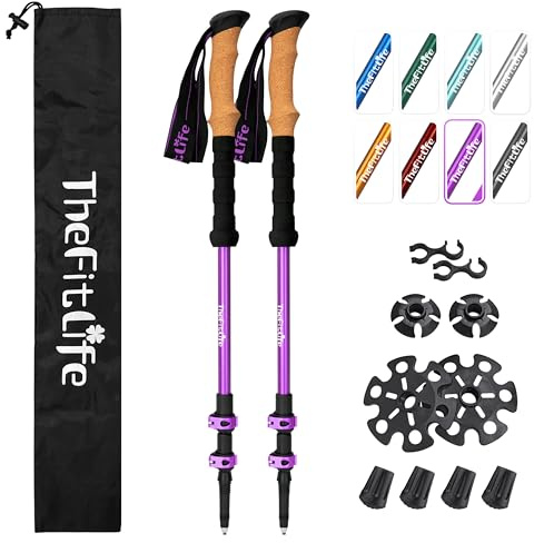 TheFitLife Trekking Poles for Hiking and Walking - Lightweight 7075 Aluminum with Metal Flip Lock and Natural Cork Grip, Walking Sticks for Men, Women, Collapsible, Telescopic, Camping Gear (Purple)