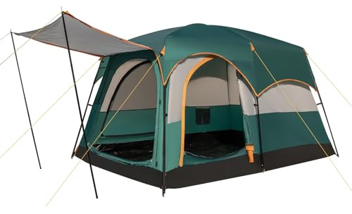 COSTWAY Tente de Camping avec 2 Pièces pour 4-6 Personnes, Tente Familiale Double Couchage Double Toit Imperméable Fenêtres en Maille Coupe-Vent Sac de Transport, pour Fête Randonnée (Vert)