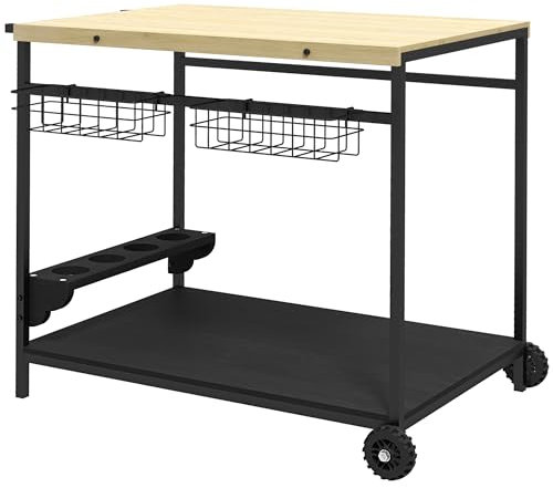 Outsunny Desserte de Jardin Chariot pour plancha Barbecue en Bois et métal avec poignée 2 Plateaux 2 paniers et Porte-Bouteilles dim. 97,5L x 65l x 81H cm Naturel et Noir