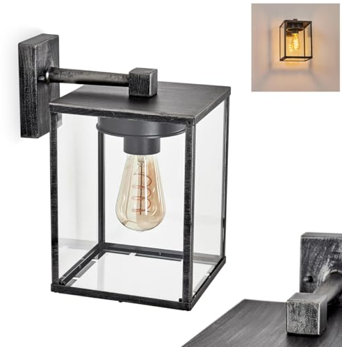 Aplique de exterior HOFSTEIN Gramilla, aplique de metal/vidrio en color negro/plata/claro, lámpara de exterior de 1 luz con aspecto de rejilla, 1 x E27, sin bombilla, IP44