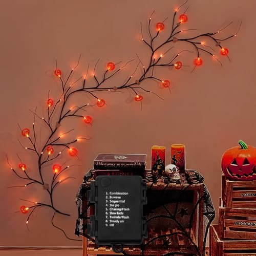 Cadena de luces de 1,8 m, ramas de Halloween, decoración para interiores, con 45 luces LED y 15 farolillos de cabeza de calabaza, 8 modos, resistente al agua, funciona con pilas, guirnalda de