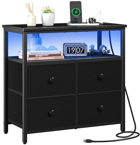 Yoobure Night Stand with Charge Station, Nightstand with 4 Drawers Bedside Table, LED Dresser with Storage Shelf, Night Stands for Bedroom, Side Table 3-Tier Wood End Table for Home, Office Black
