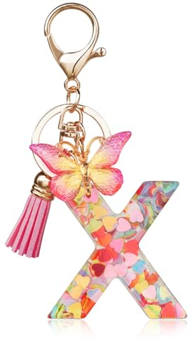 OSDUE Fashion Alphabet Initial Letter Keychain, Women Tassel Butterfly Pink Purple Cute Car Keyrin, Pink and Gold Resin Alphabet Keychain, Tassel Butterfly Pendant Key Ring for Wallet (J)