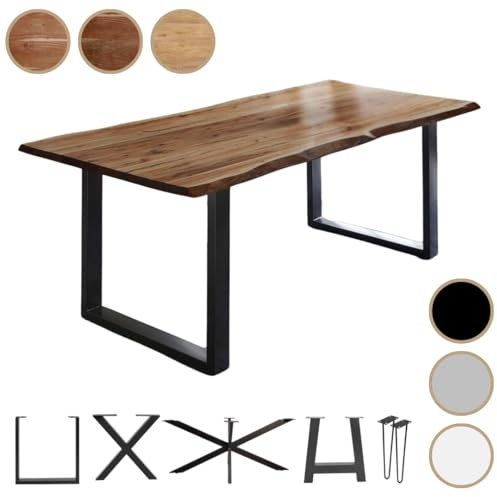 Loreno Esstisch mit Baumkante, 120x80cm - 300x100cm Handgefertigter Echtholztisch, Akazie Tischplatte, Verschiedene Gestelle - Küchentisch und Esszimmertisch Holz, Massiver Esstisch