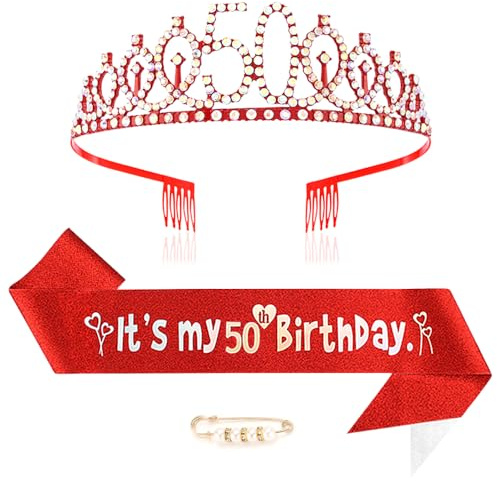 Maigendoo Couronne et écharpe de princesse pour 50e anniversaire - Diadème en strass - Accessoires de fête pour filles de 50 ans - Rouge