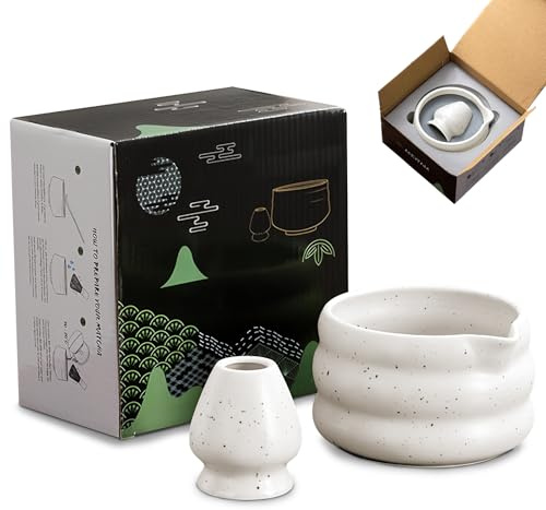WANDGU Lot de 2 bols à matcha : set à thé matcha avec fouet et bol à matcha, bol à matcha japonais pour débutants, blanc