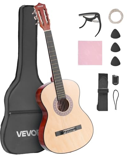 VEVOR 96 cm akustisk gitarr för nybörjare, klassisk gitarr full startsats med nylonsträngar, spelväska, rem, tuner, extra strängar, pick, capo, för tonåringar vuxna studenter ungdomar, naturlig