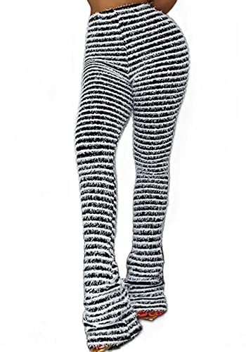 Wcuvbv Stacked Pants for Women Fuzzy Striped High Waist Patchwork Bodycon Bell Bottoms Sweatpants Black M