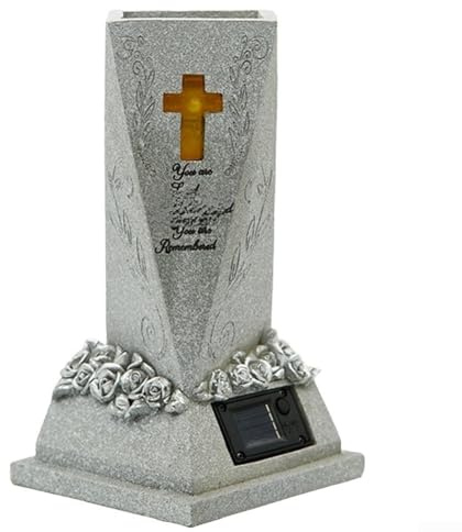 Vase funéraire en forme de croix avec relief d'ange - 1 récipient à fleurs en résine synthétique grise - Motif de croix sculptée complexe pour tombe et décoration de jardin (A)