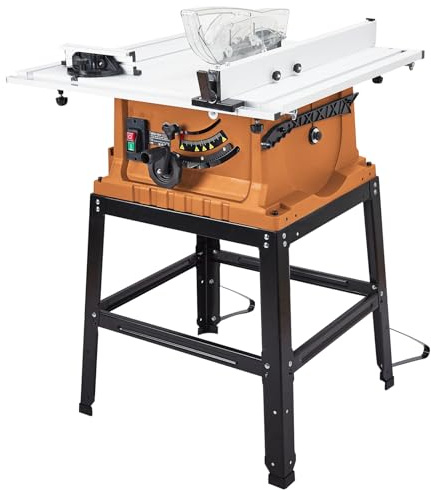 Table Saw, 10 Inch 15A Multifunctional Saw with Stand & Push Stick, 90° Cross Cut & 0-45° Bevel Cut, 5000RPM, Adjustable Blade Height for Woodworking, Orange