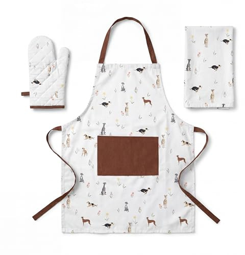BOSKIMO Set Cocina 3 Piezas — Delantal Mujer Hombre + Manopla Horno 200°C + Paño Cocina | Tejido Resistente, Talla Ajustable, Diseños Exclusivos | Uso Diario o Regalo Original