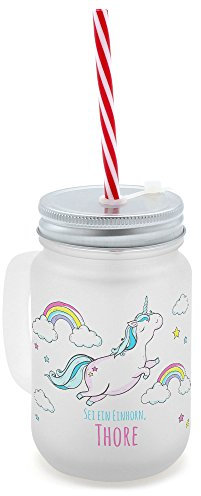 printplanet® - Trinkglas mit Henkel und Strohhalm - Bedruckt mit Namen Thore Layout Fliegendes Einhorn - Henkel-Glas satiniert mit Deckel und Mehrweg-Trinkhalm